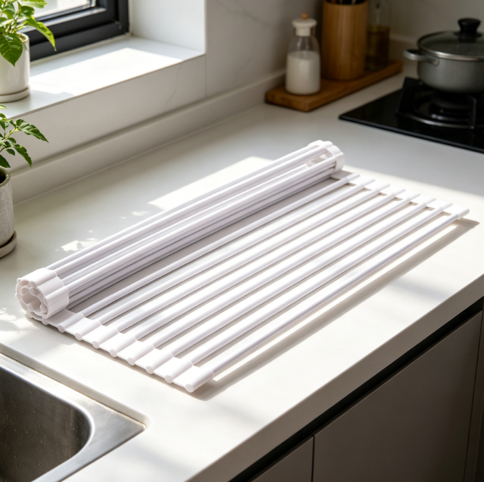 Heavy Duty Silicone Roll Up Dish Drying Rack, White