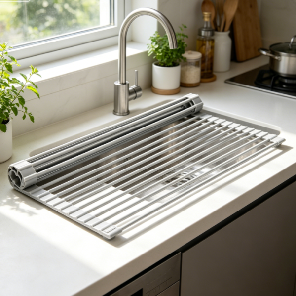 Warm Grey Silicone Roll Up Over Sink Dish Rack